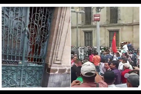 CNTE rompe vidrios de puerta de Palacio Nacional; se enfrenta con policías, tras la reunión con AMLO