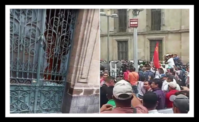 CNTE rompe vidrios de puerta de Palacio Nacional; se enfrenta con policías, tras la reunión con AMLO